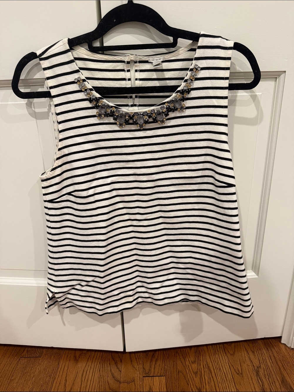 J. Crew Black and White Striped Tank with Jewel Neckline